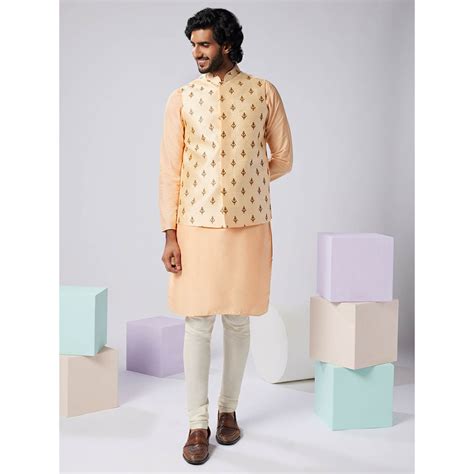 Buy KISAH Men Nude Kurta Jacket Churidar Set (Set of 3) Online