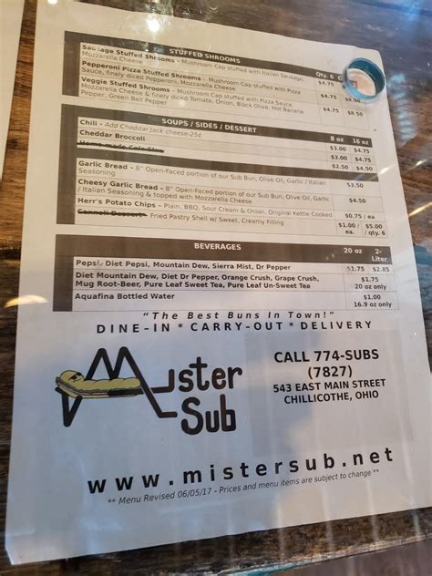 Menu at Mister Sub restaurant, Chillicothe, 543 E Main St