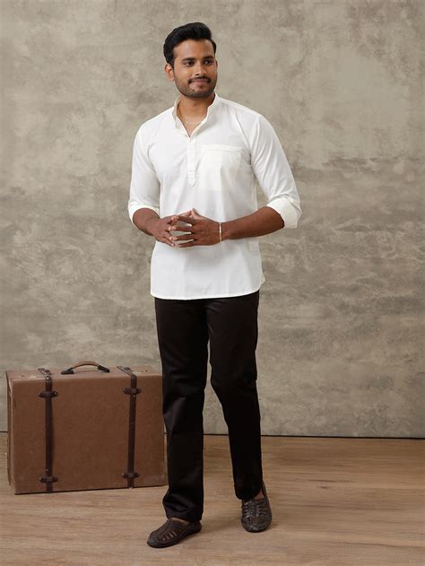 Men Cotton Short Length Plain Pocket Kurta Cream M16