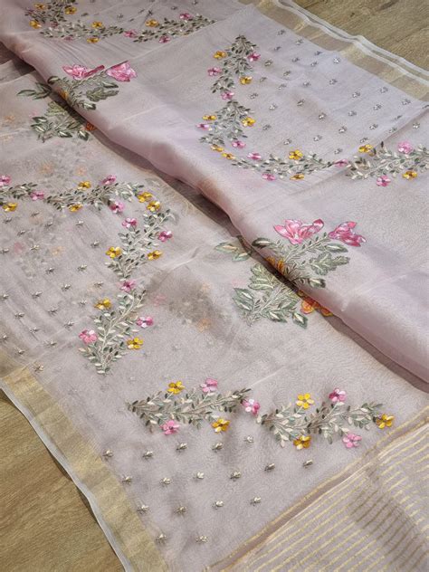 Pure Organza Silk Big Floral Embroidery Saree Whit Special Tassels ...