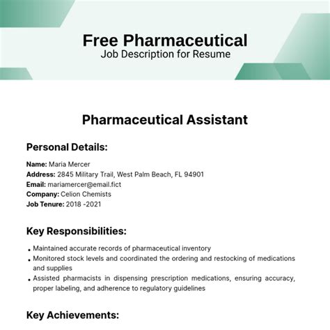 Free Pharmaceutical Job Description for Resume Template to Edit Online