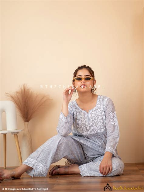 Kavya Mulmul Chikankari Kurta Set - Grey | The Chikan Label
