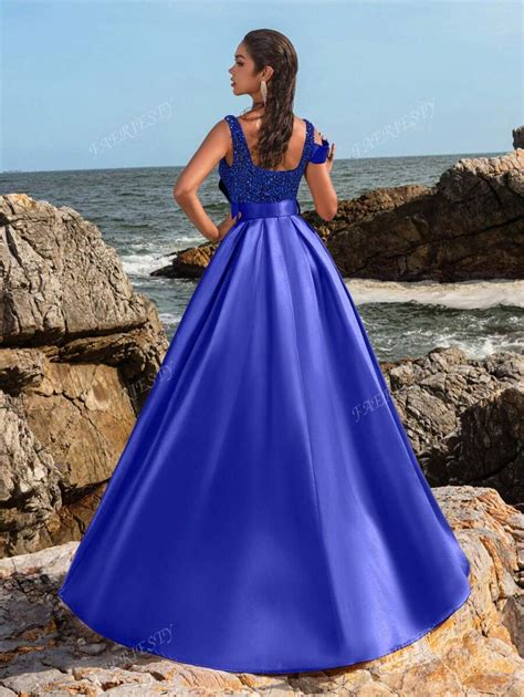 Faeriesty Elegant Square Collar Sequin Bodice Satin Evening Dress ...