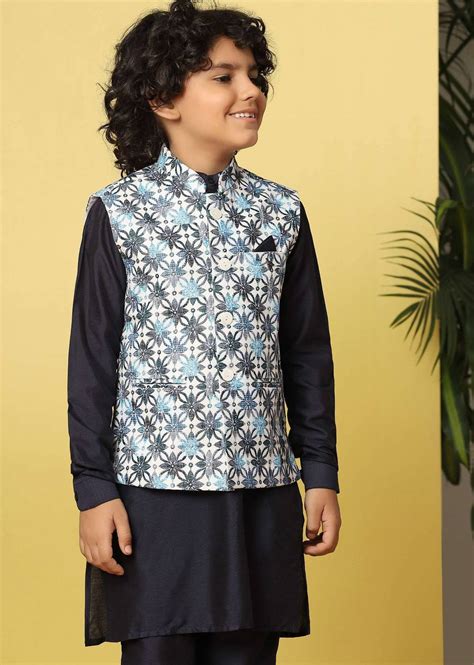 Buy Kalki Navy Blue Bandi Jacket And Kurta Set In Silk With Threadwork ...