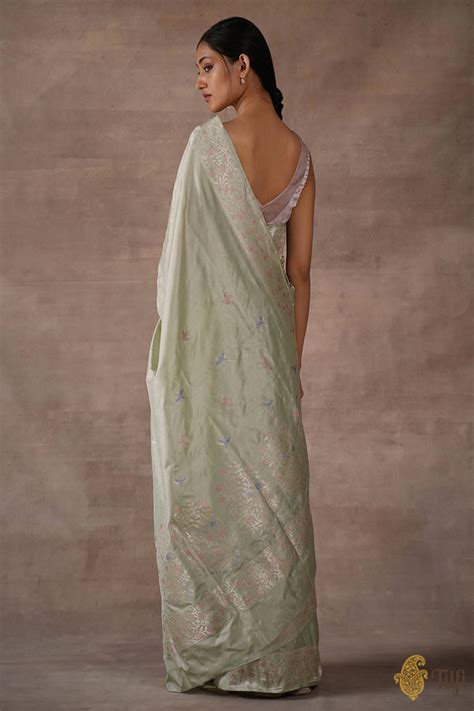 'Sweet Osmanthus' Mint Green Pure Katan Silk Banarasi Handloom Saree ...