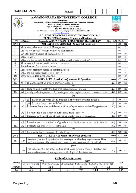 Model QP MG6851 - Principles OF Management - DATE: 28-11- ANNAPOORANA ...