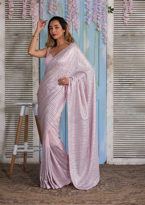 Buy Baby Pink Sequins Georgette Saree - Koskii
