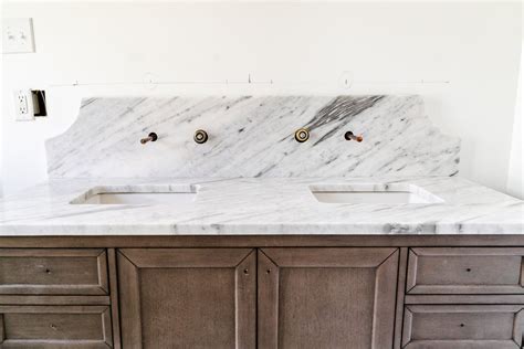 Our Scalloped Marble Backsplash in the Bathroom Reno - Bless'er House ...