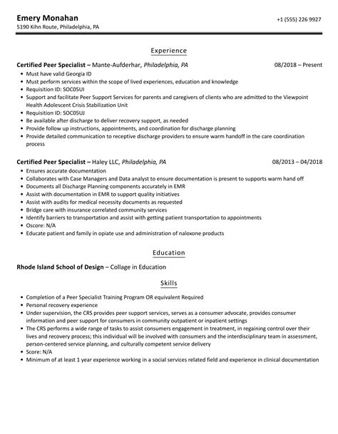 Certified Peer Specialist Resume Samples | Velvet Jobs