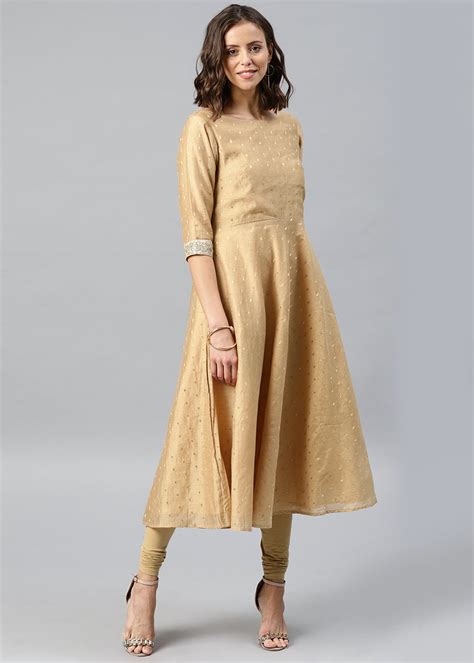 Get Cut Out Back Detail Beige Chanderi Anarkali Kurta at ₹ 2399 | LBB Shop