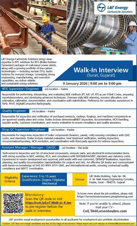 L&T Energy Walk-In Interview 2026: for NDE Supervisors, Quality ...