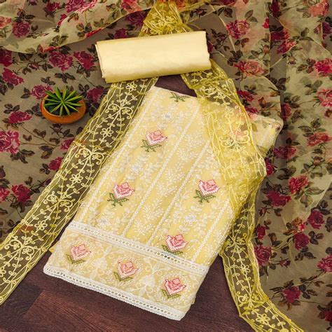 Yellow Floral Embroidered Pure Cotton Dress Material