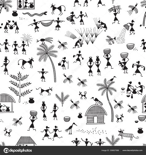 Warli Painting Black And White Border