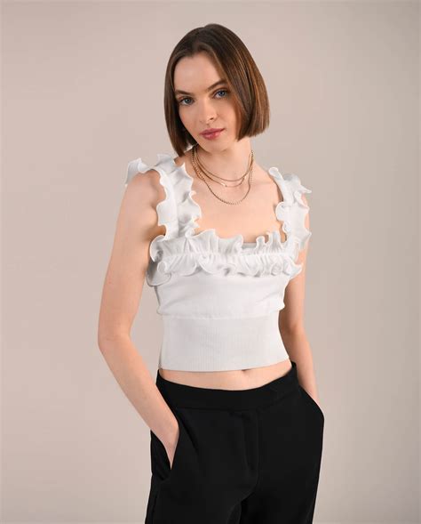 White Knit Crop Top With Ruffle Straps: Women's Luxury Tops | Anne Fontaine