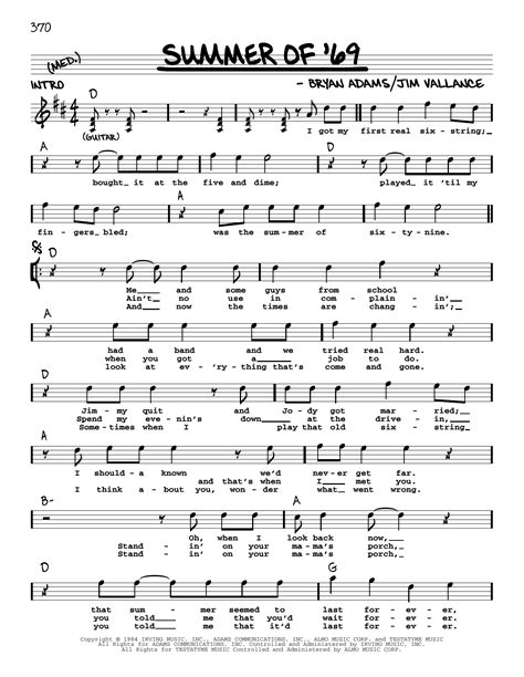 Summer Of '69 by Bryan Adams Sheet Music for Real Book – Melody, Lyrics ...