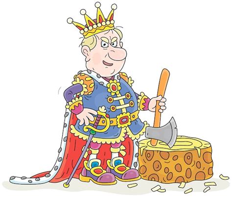 Angry king with a wicked grin holding an ax near a big tree stump ...