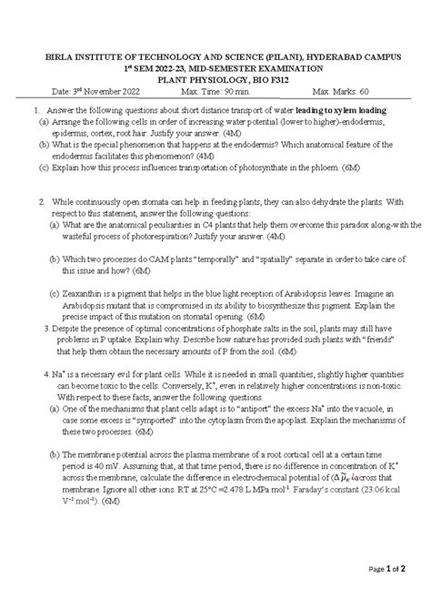 Mid-Sem Exam - Plant Physiology, BIO F312 - 1st Sem 2022 - Studocu