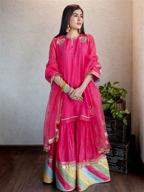 Green Hand Embroidered Tissue Silk Sharara Suit - Set of 3