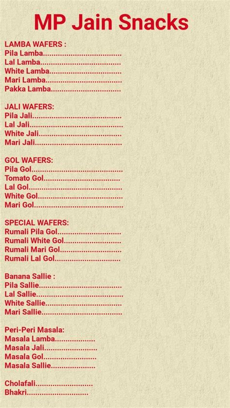 Menu at MP Jain Snacks. MP Wafers & Sallie, Mumbai, Shop no.7