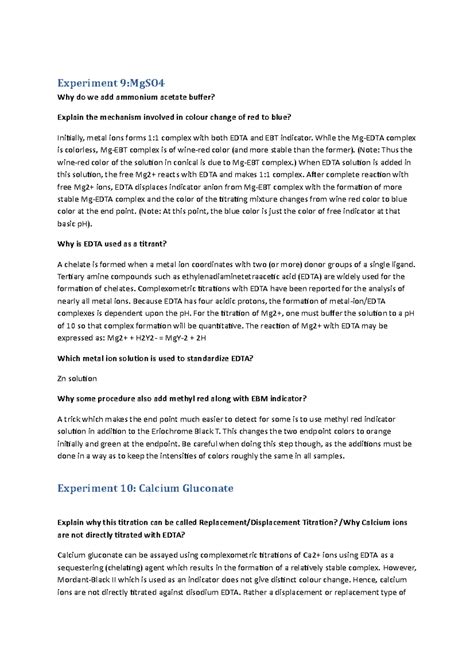 Study Questions 9-15 - Experiment 9:MgSO Why do we add ammonium acetate ...