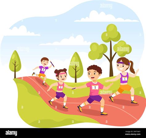 Relay Race Illustration Kids by Passing the Baton to Teammates Until ...