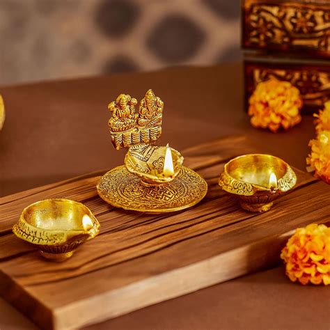 Buy TIED RIBBONS Set of 3 Brass Diya Oil Lamp Deepak Decoration Items ...