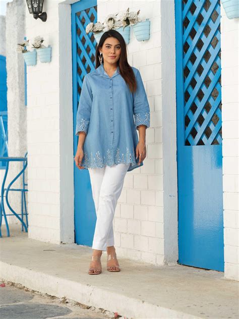 Denim Top with Cutwork – Shirt Collar Style
