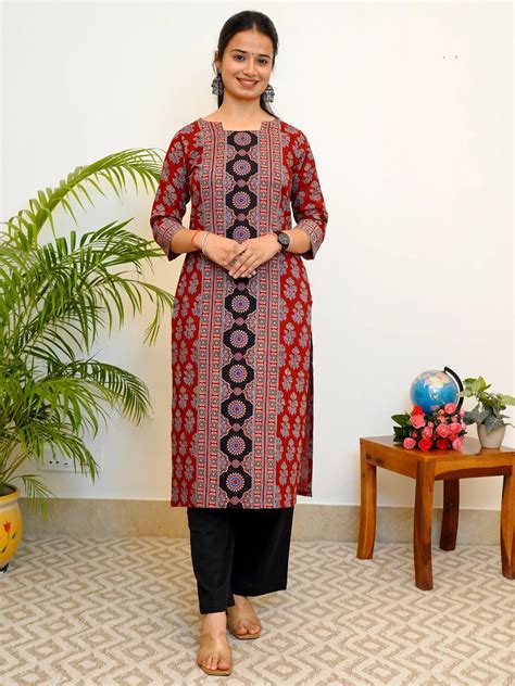 Ajrakh Maroon Block Printed COTTON Kurta – BaSaKa