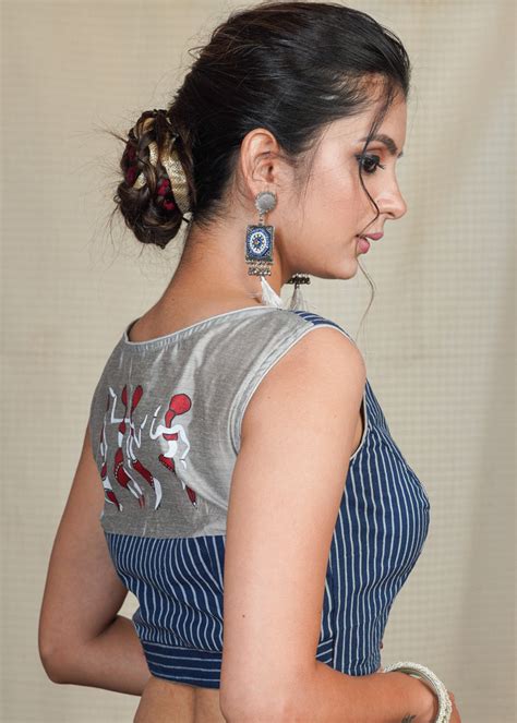 Striped Cotton Indigo Blouse with Exclusive Hand Painting on Chanderi ...