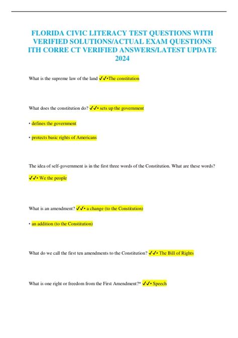 FLORIDA CIVIC LITERACY TEST QUESTIONS WITH VERIFIED SOLUTIONS/ACTUAL ...