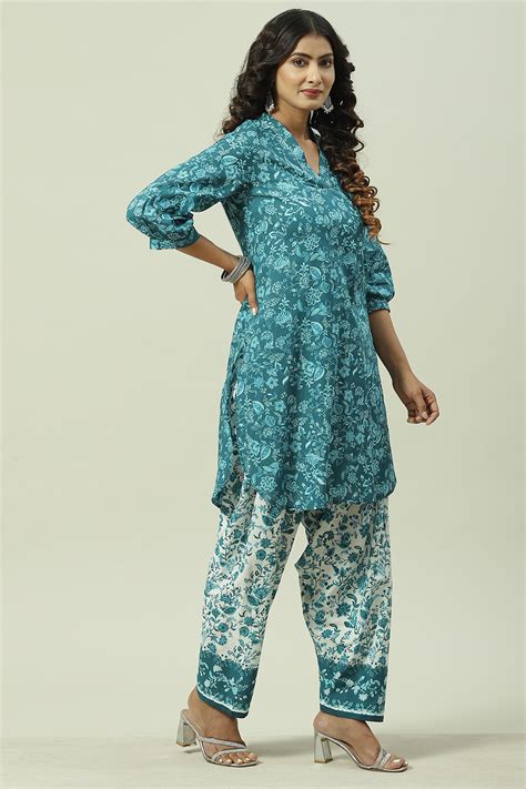 Teal Blue Cotton Straight Kurta Relaxed Salwar Suit Set at Biba India