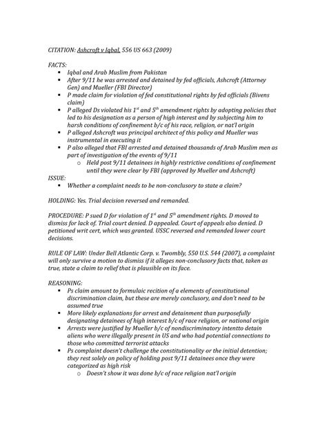 Ashcroft v Iqbal - Case Brief - CITATION: Ashcroft v Iqbal, 556 US 663 ...