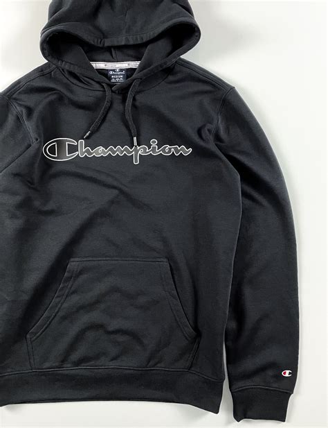 Black champion hoodie with big logo online