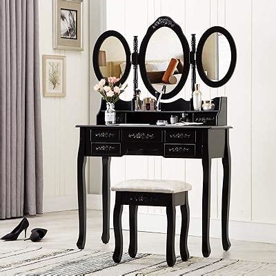 Buy HONBAY Trifold Mirrors Makeup Vanity Table Set, Cushioned Stool and ...