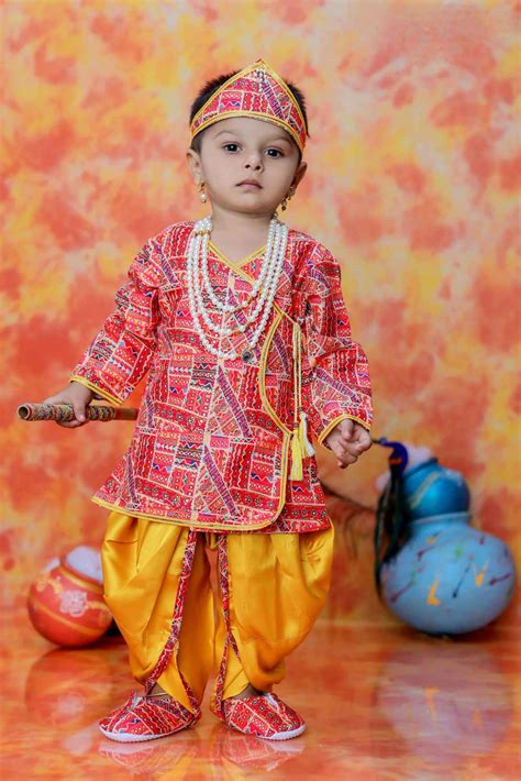 Red Krishna Janmashtami Mirror Work kurta With Dhoti For Boys – Lagorii ...