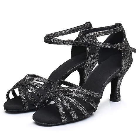 Women's Black Glitter Latin Dance Shoes – Strappy Open-Toe Ballroom ...