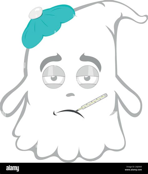 vector illustration character ghost cartoon, sick with a thermometer in his mouth and a bag of ...