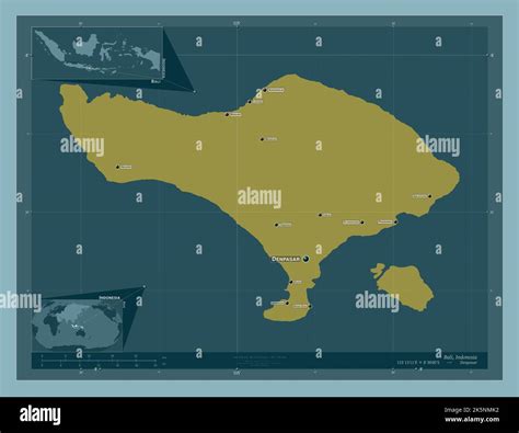 Bali, province of Indonesia. Solid color shape. Locations and names of major cities of the ...