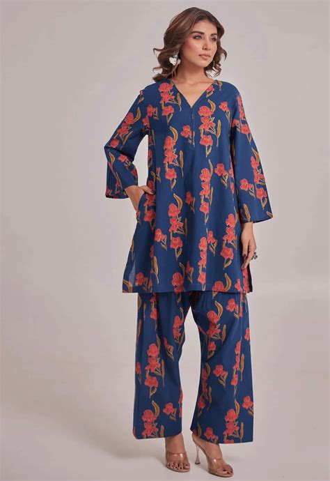 Blue Floral Co-Ord Set With Farsi Salwar Pants