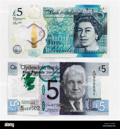 English and Scottish five pound note currency introduced in 2016 Stock ...