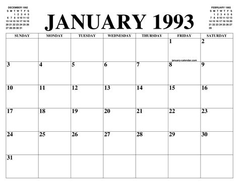 JANUARY 1993 CALENDAR OF THE MONTH: FREE PRINTABLE JANUARY CALENDAR OF ...