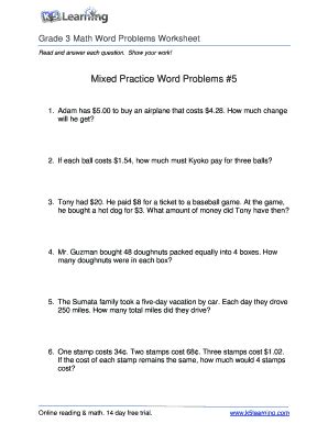 Fillable Online Math Word Problem Worksheet - Grade 3 - Free and ...