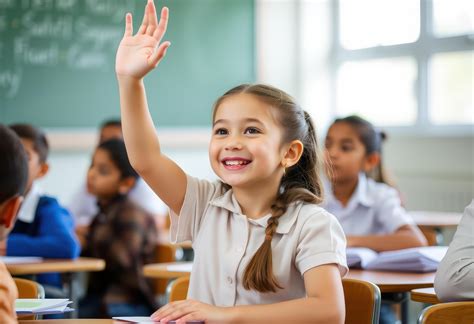 Smiling School Girl Raising Her Hand in Class 50533291 Stock Photo at ...