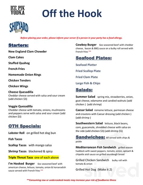 Off the Hook Bar & Grill menus in Fairhaven, Massachusetts, United States