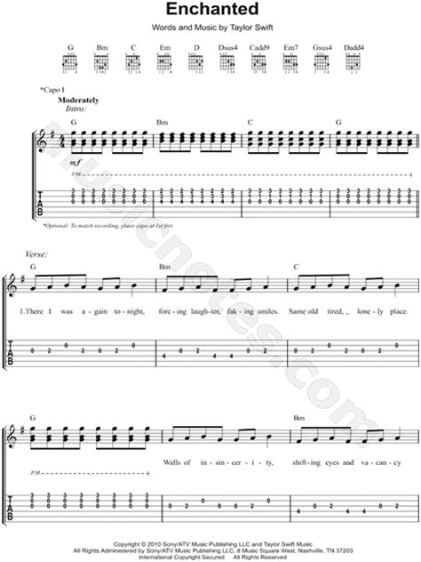 Taylor Swift "Enchanted" Guitar Tab in G Major - Download & Print - SKU ...