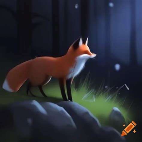 Red fox on snowy hill in winter sunlight with falling snowflakes on Craiyon