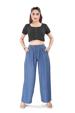 Buy Aprika Cotton Denim Palazzo with 1.5" Elastic Waist for Women Blue ...