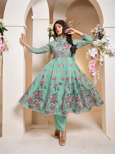 Bhama Couture Jennifer Winget Sea Green Floral Digital Printed Anarkal