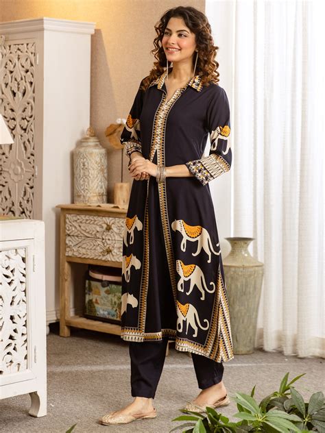 Indo Era Navy Blue Printed A-Line Kurta Palazzos Set