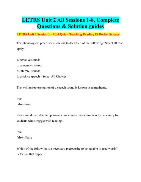 LETRS Unit 2 All Sessions 1-8, Complete Questions & Solution guides ...
